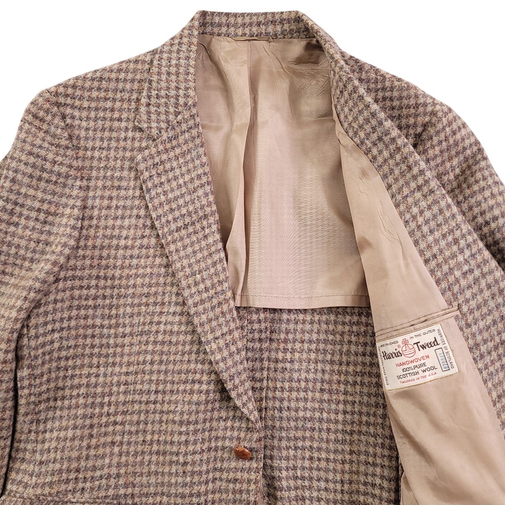 Harris Tweed Blazer 40R Beige Gray Houndstooth Wool Half Lined Sport Coat Jacket